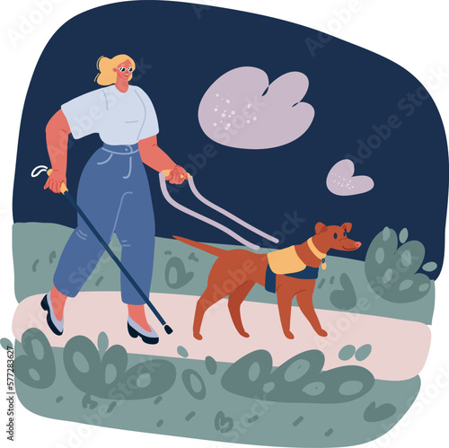 Cartoon vector illustration of Blind woman walking with a dog. Lady in sunglasses with stick.