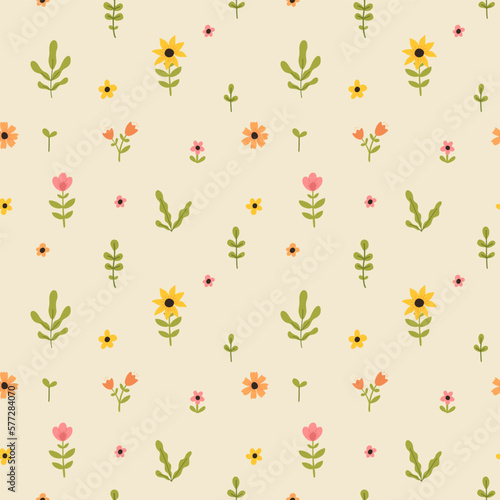 Vector color hand-drawn children cute easter seamless pattern with hens, bunny, easter eggs, flowers in scandinavian style. Easter colorful set. Doodle cartoon spring background. Happy easter.