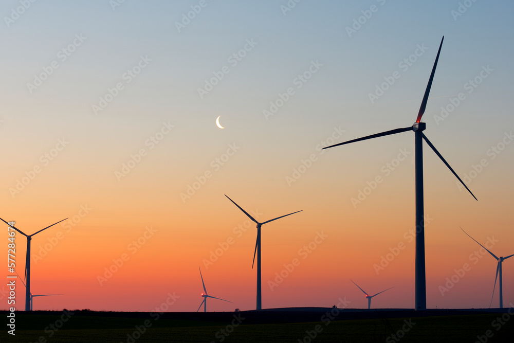 Silhouettes of a group of wind turbines at sunrise.