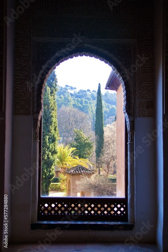 views from arabic style window to the garden
