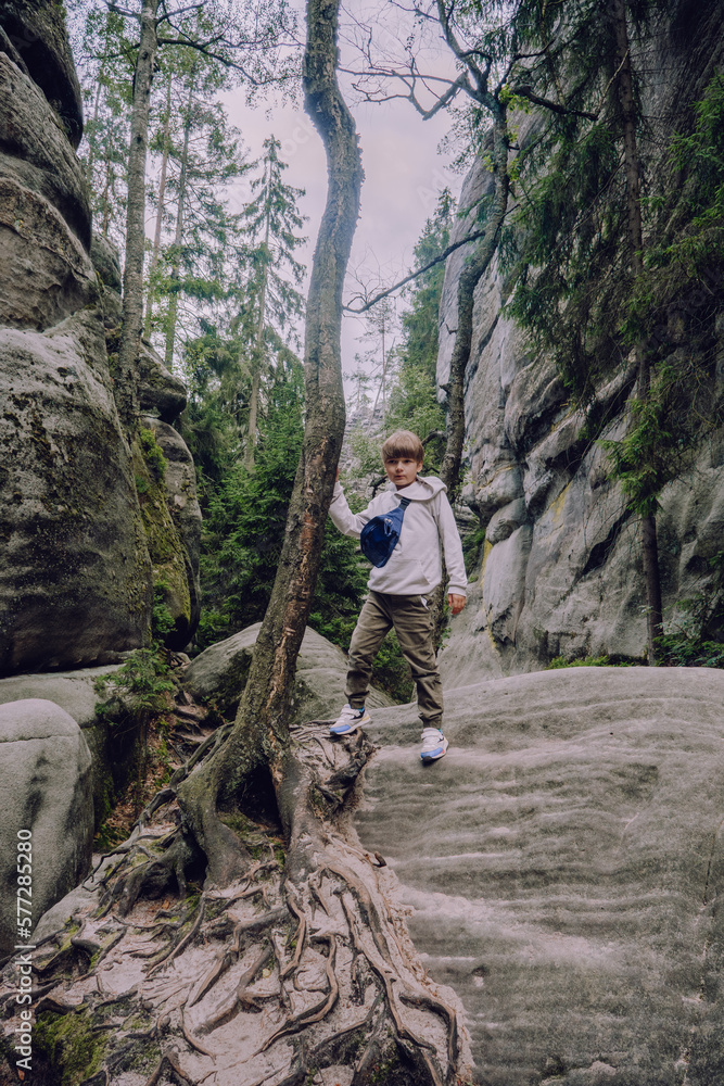Naklejka premium Kid at Adrspach-Teplice Rocks, nature adventure
