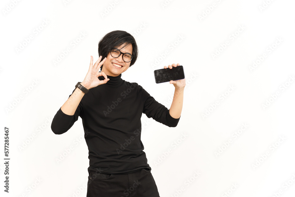 Showing Apps or Ads On Blank Screen Smartphone Of Handsome Asian Man Isolated On White Background Showing Apps or Ads On Blank Screen Smartphone Of Handsome Asian Man Isolated On White Background
