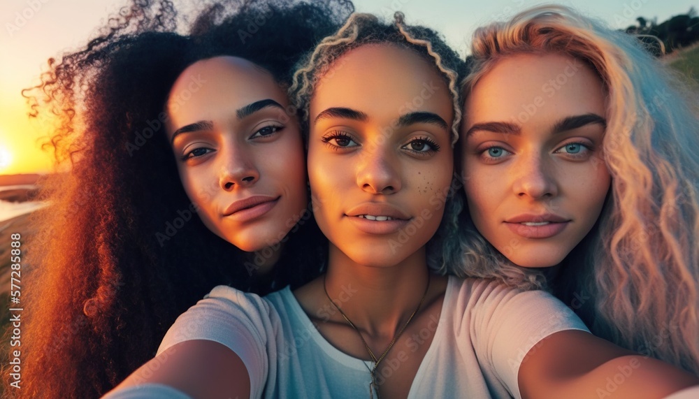 Fototapeta premium Three women pose for a photo selfie in front of a sunset, Generative AI