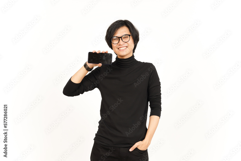 Showing Apps or Ads On Blank Screen Smartphone Of Handsome Asian Man Isolated On White Background