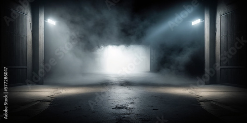 Dark street in The concrete floor and studio room with smoke float up the interior texture for display products
