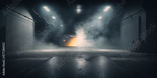 Black concrete ground with a black wall and smoke at night