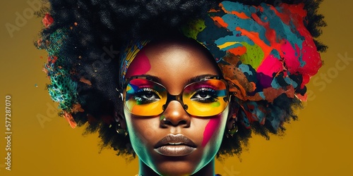 Junges hübsches afroamerikanisches Top Model mit buntem Make-Up im Porträt Nahaufnahme, ai generativ