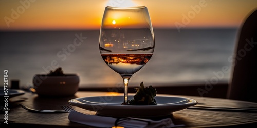 Sonnenuntergang mit einem Glas Wein und gesundem Essen in Griechenland. AI generativ photo