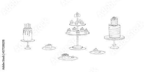 Linear art pack of sweet bakery goods. Black and white set with birthday cakes, candles, and cupcakes. 