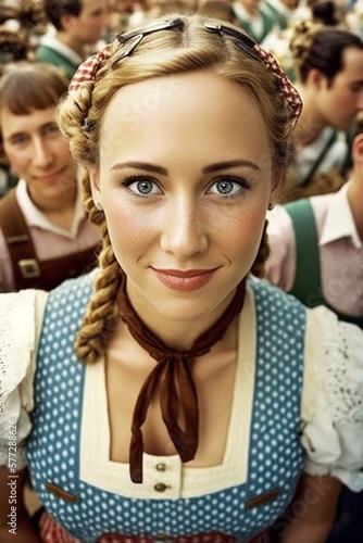 Junge hübsche Frau im Traditionellem Dirndl auf dem Oktoberfest in München Porträt Aufnahme, ai generativ