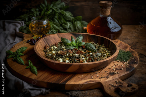 Kräuterküche Vorbereitung  von Kräutern im Olivenholz