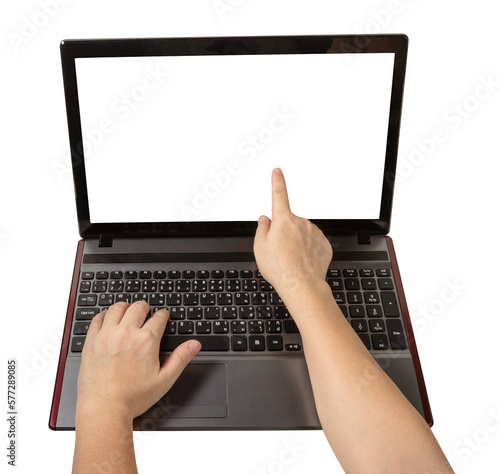 person hand with forefinger pointing at laptop screen isolated