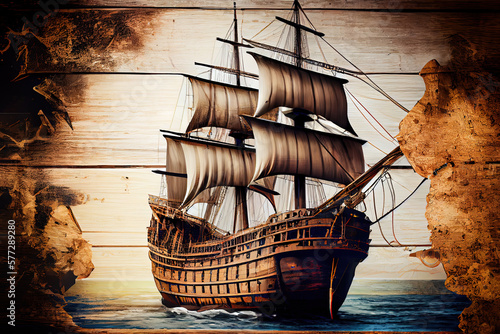 Columbus day concept with old ship over wooden background. Generative Ai