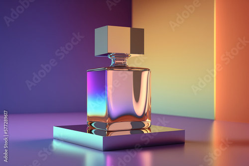 Perfume bottle template. Close-up of of sensual gentle perfume mockup on colorful modern background. Generative AI