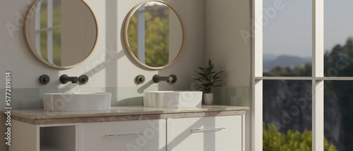 Photographie Interior design of modern minimal white bathroom with double ceramic sink on bat
