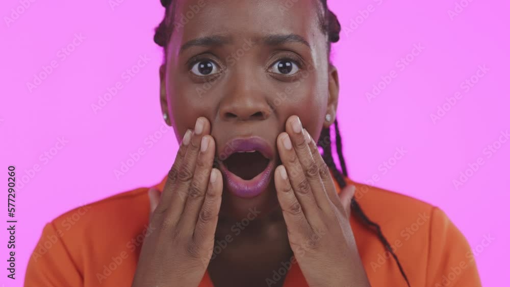 Black woman, wow face and surprise on studio, pink background and