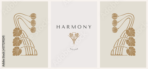 Abstract logo template with ancient floral ornaments. Modern minimal set of linear icons and emblems for social media, accommodation rental and travel services.