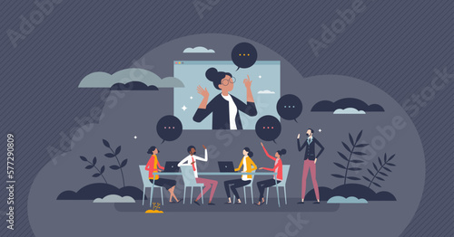 Team training and conference with online coaching course tiny person concept. Online business seminar for employee skills and ability improvement vector illustration. Professional project briefing.