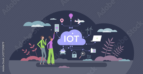 IOT or internet of things as automated smart devices tiny person concept. Technological network with wireless connection for appliances and home monitoring systems vector illustration. Cloud data.