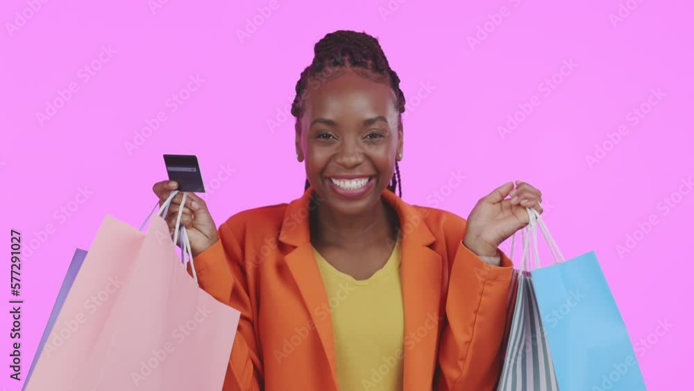 Black Woman Shopping Bags And Credit Card In Studio For Online Sale