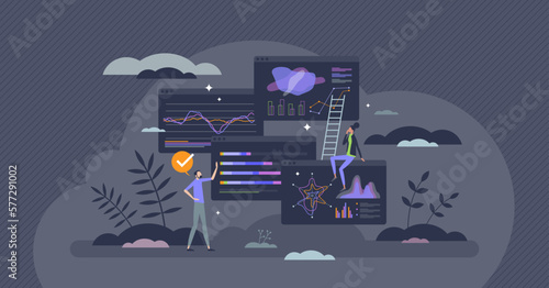 Data visualization and information representation graph tiny person concept. Inforgraphic and schematic diagram for financial reports or presentation vector illustration. Percentage scale visuals.