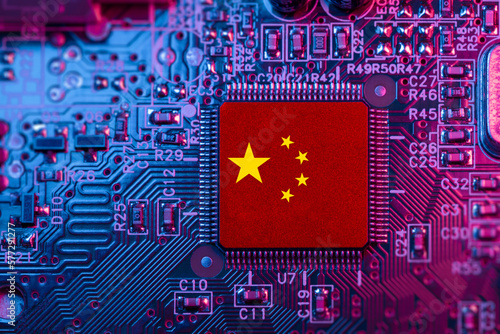 China flag on Computer Chip for Chip War Concept. Global chipmakers CPU Central processing Unit Microchip on Motherboard  Republic of China world largest chip manufacturer and supply chain. photo