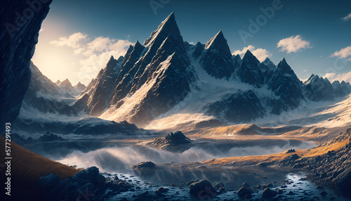 A snowy mountain landscape with a blue sky and clouds create with generative ai technology