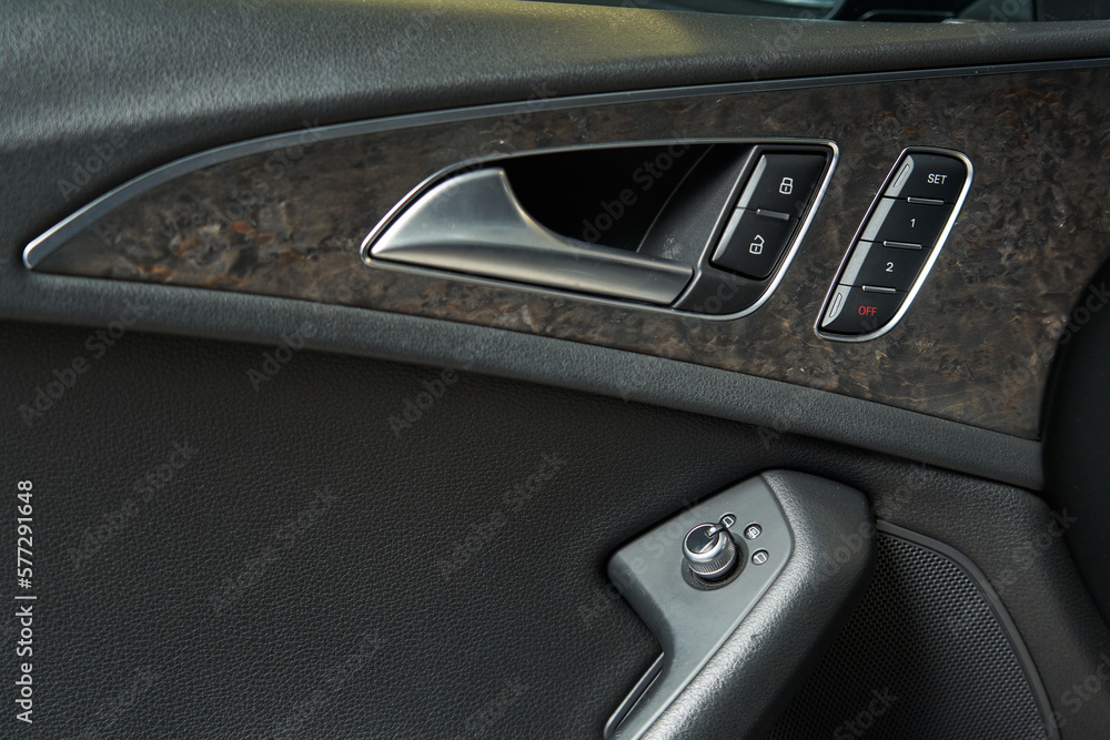 car door trim with settings memory buttons, door lock and unlock, mirror adjustment and opening handle