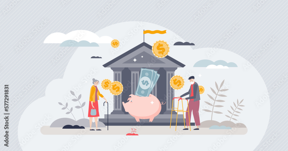 Retirement planning and pension fund saving in bank account tiny person concept. Financial security for seniors with income investment or deposit vector illustration. Wealth insurance for elderly.