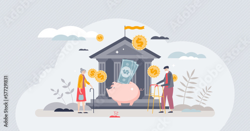 Retirement planning and pension fund saving in bank account tiny person concept. Financial security for seniors with income investment or deposit vector illustration. Wealth insurance for elderly. © VectorMine