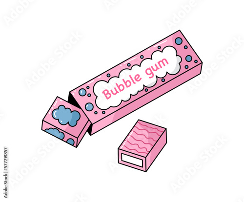 Chewing bubble gum in pink package.
