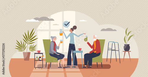 Volunteers companionship to elderly or retirement welfare tiny person concept. Assistance and togetherness partnership for old seniors vector illustration. Be companion for grandparents happiness.