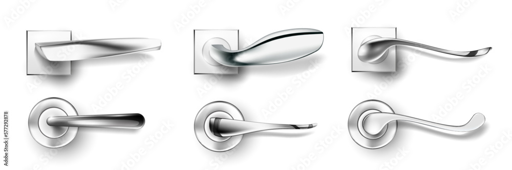 Door handles set, realistic doorknobs at home, hotel or office. Decorative security elements vector illustration. Modern design, objects for safety isolated on white background. - obrazy, fototapety, plakaty 