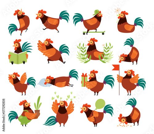 Rooster or Cock Character as Farm Poultry and Feathered Bird Big Vector Set