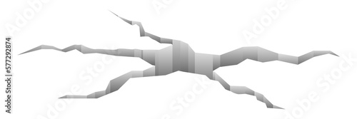 3D crack in ground, hole and slit on white surface of damaged land, abstract fracture