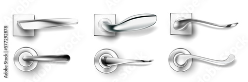 Door handles set, realistic doorknobs at home, hotel or office. Decorative security elements vector illustration. Modern design, objects for safety isolated on white background.