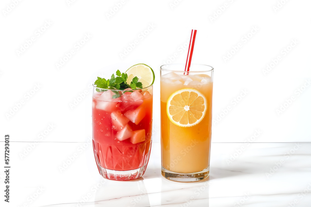 Two glasses of juice against a white background. Watermelon juice and orange juice in a glass cup. Generative AI. Two glasses of juice against a white background. Watermelon juice and orange juice in a glass cup. Generative AI.