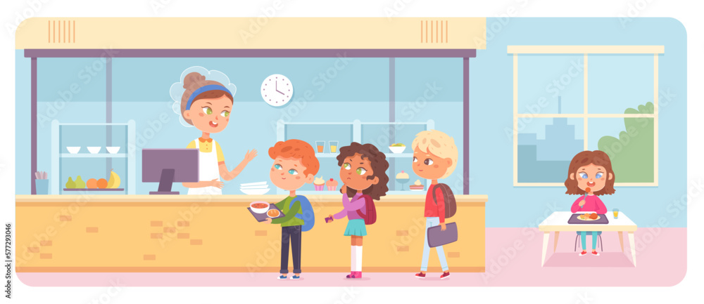School canteen with kids, hungry girls and boys standing in queue with trays to take food School canteen with kids, hungry girls and boys standing in queue with trays to take food
