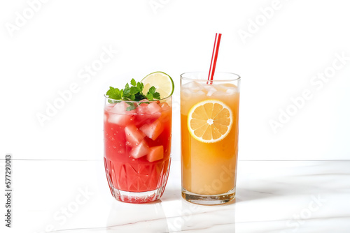 Two glasses of juice against a white background. Watermelon juice and orange juice in a glass cup. Generative AI.