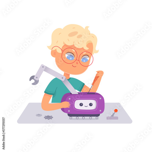 Cute kid making toy robot, science project, research and robot construction in school