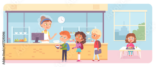 School canteen with kids, hungry girls and boys standing in queue with trays to take food