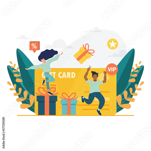 Customers receive a gift card. Cheerful people are happy with discount card, coupon or voucher. Vector illustration for sale, loyalty program, bonus, promotion concept
