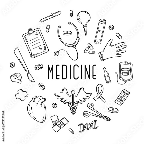 Medical pharmaceutical hospital device set of drawings. Vector illustration of medical equipment, hand drawn