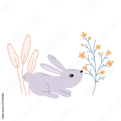 Cute bunny smells flowers. Rabbit in flowers and herbs  spring composition. Baby illustration with hare. Character hare and botanical elements  vector illustration