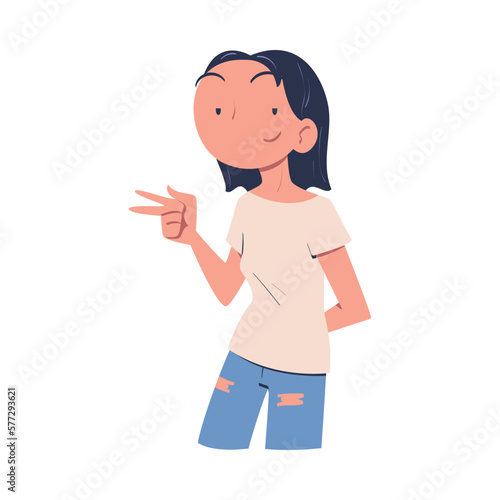 Confident Woman Character with Satisfied Face Showing V Sign Gesture Expressing Self Pride Vector Illustration