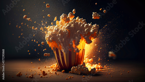 Popcorn explosion in the box. Cinema and movie snack illustration. Generative ai