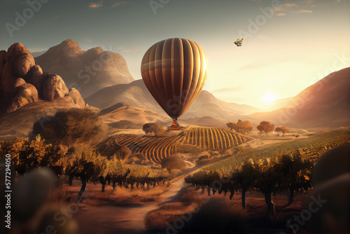 illustration of hot air ballon above scenic mountains at sunset. AI photo