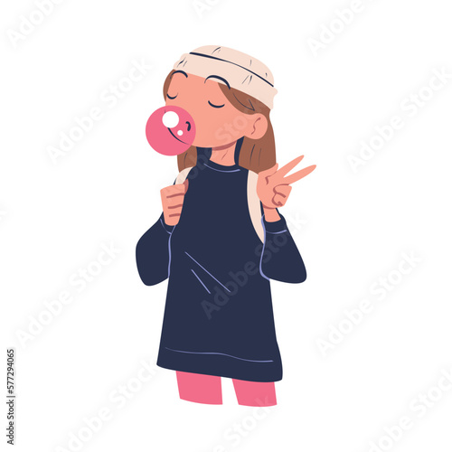 Confident Woman Character Blowing Gum Bubble with Satisfied Face Showing V Sign Gesture Expressing Self Pride Vector Illustration