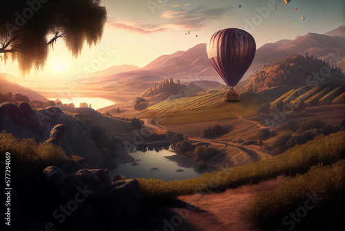 illustration of hot air ballon above scenic mountains at sunset. AI