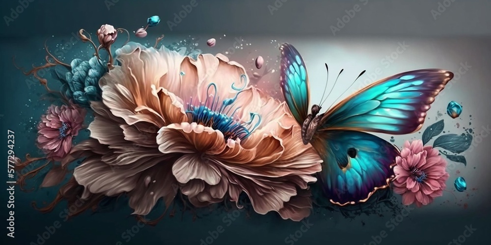 Schöne bunte Malerei mit Frühlingsblumen und Schmetterling, ai generativ
